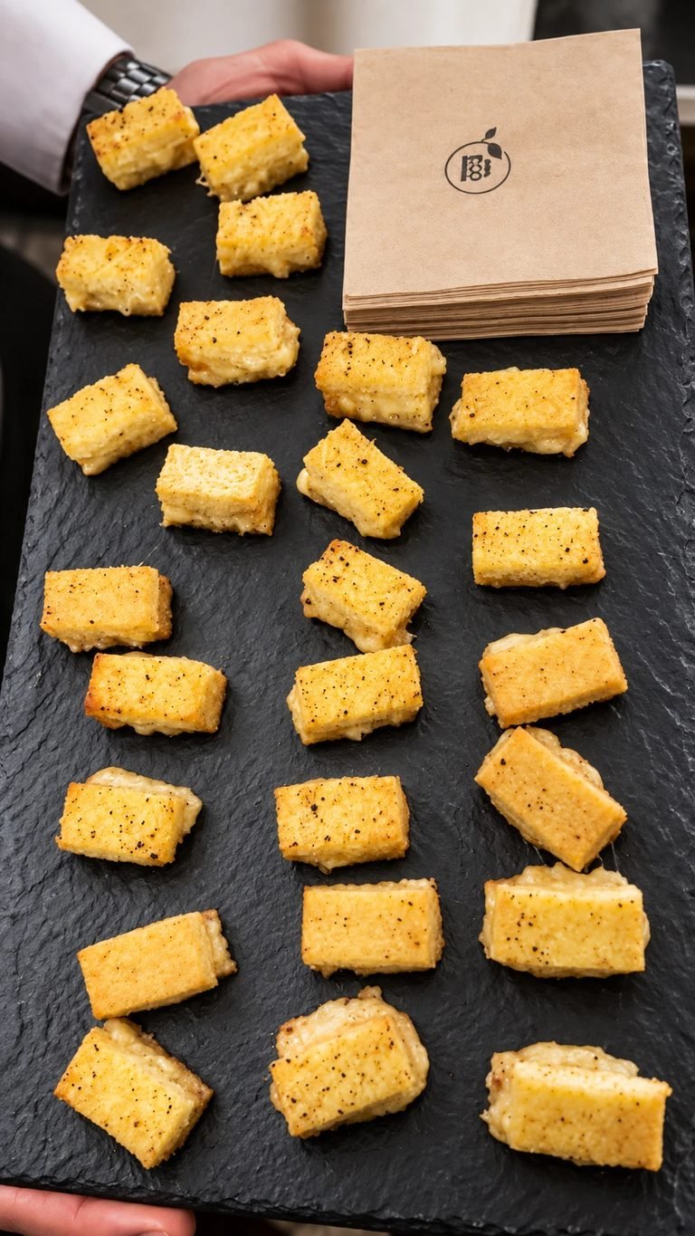 Croques à la truffe dorés présentés sur ardoise pour un apéritif dînatoire