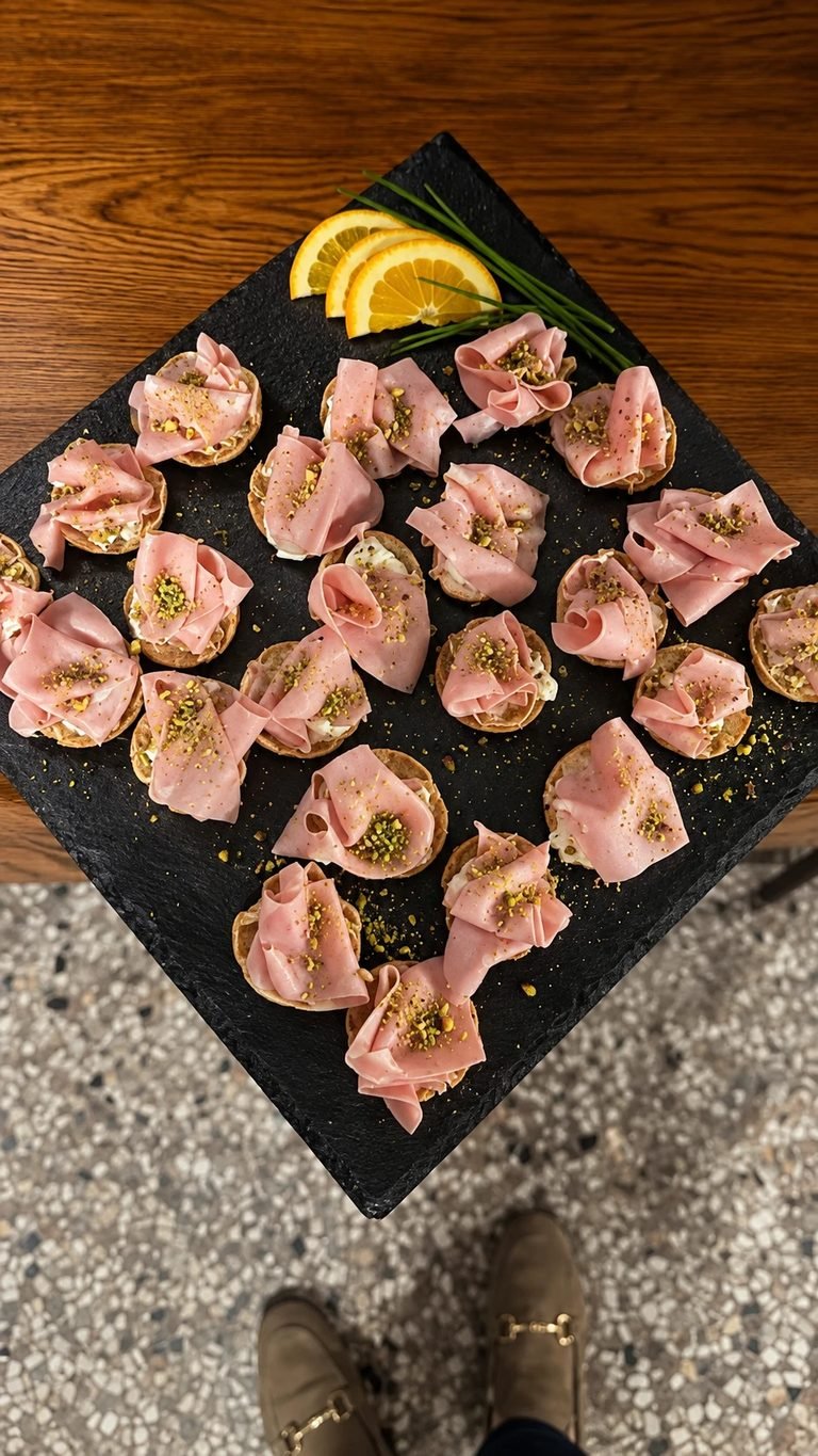 Blinis garnis de burrata, mortadelle et éclats de pistache sur ardoise