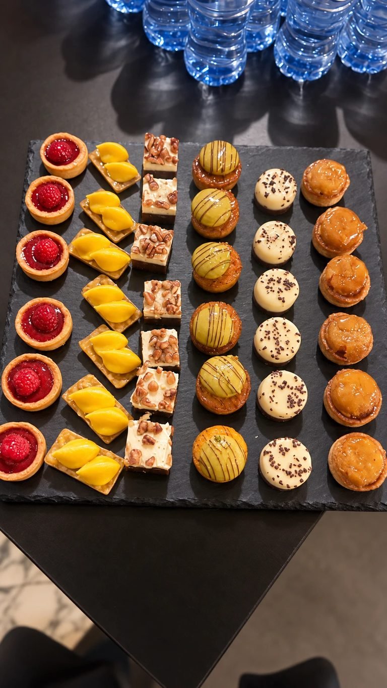 Assortiment de mignardises sucrées alignées sur ardoise